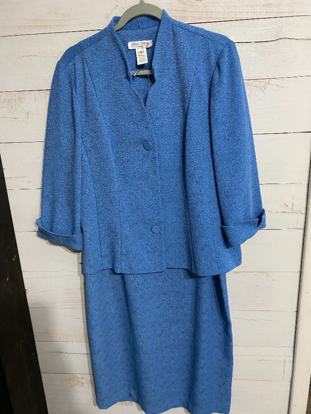 Miss Dorby Blue Textured Floral Skirt Suit Set Blazer & Midi Skirt Size 16